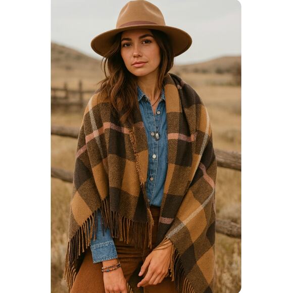 Madewell Oversized Plaid Fringe Scarf Shawl Wrap Blanket Checkered Tan Brown - Picture 1 of 7